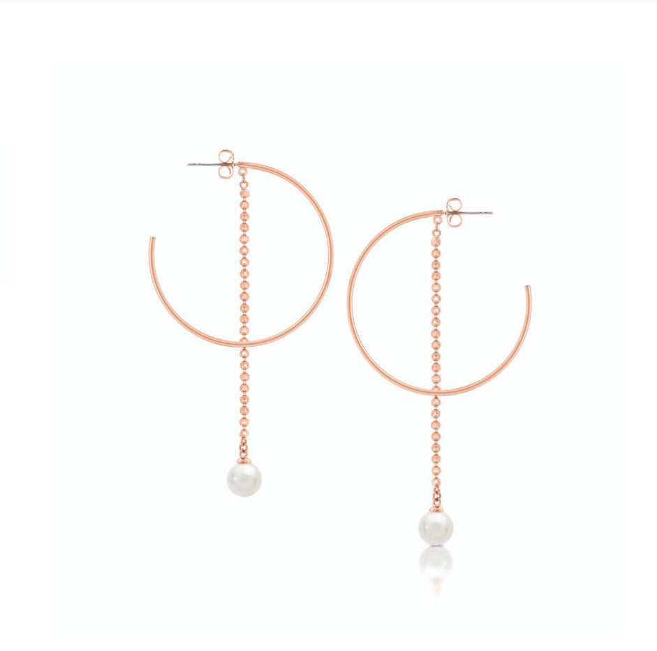 Romi Earrings  - Hoop with Pearl on Chain - Rose Gold Plated
