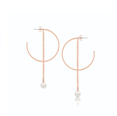 Romi Earrings  - Hoop with Pearl on Chain - Rose Gold Plated
