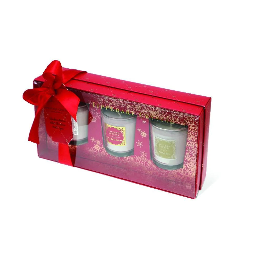 Tipperary Crystal Christmas Set of 3 Mini Candle Gift Box - White Christmas, Christmas Berries & Winter Spice