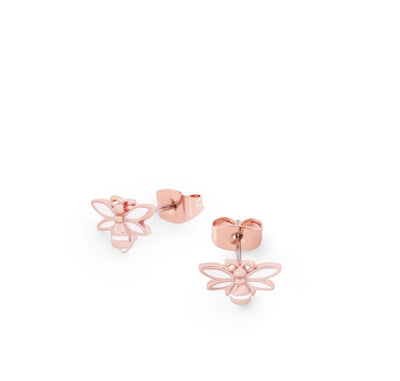 Tipperary Crystal Earrings - Bees White Enamel Stud - Rose Gold Plated